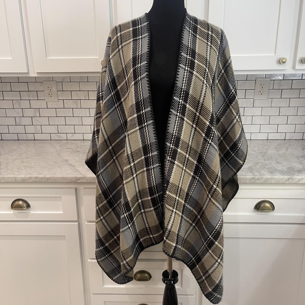 Woolrich Poncho Womens One Size Tartan Tan Plaid Reversible Open Front Wrap